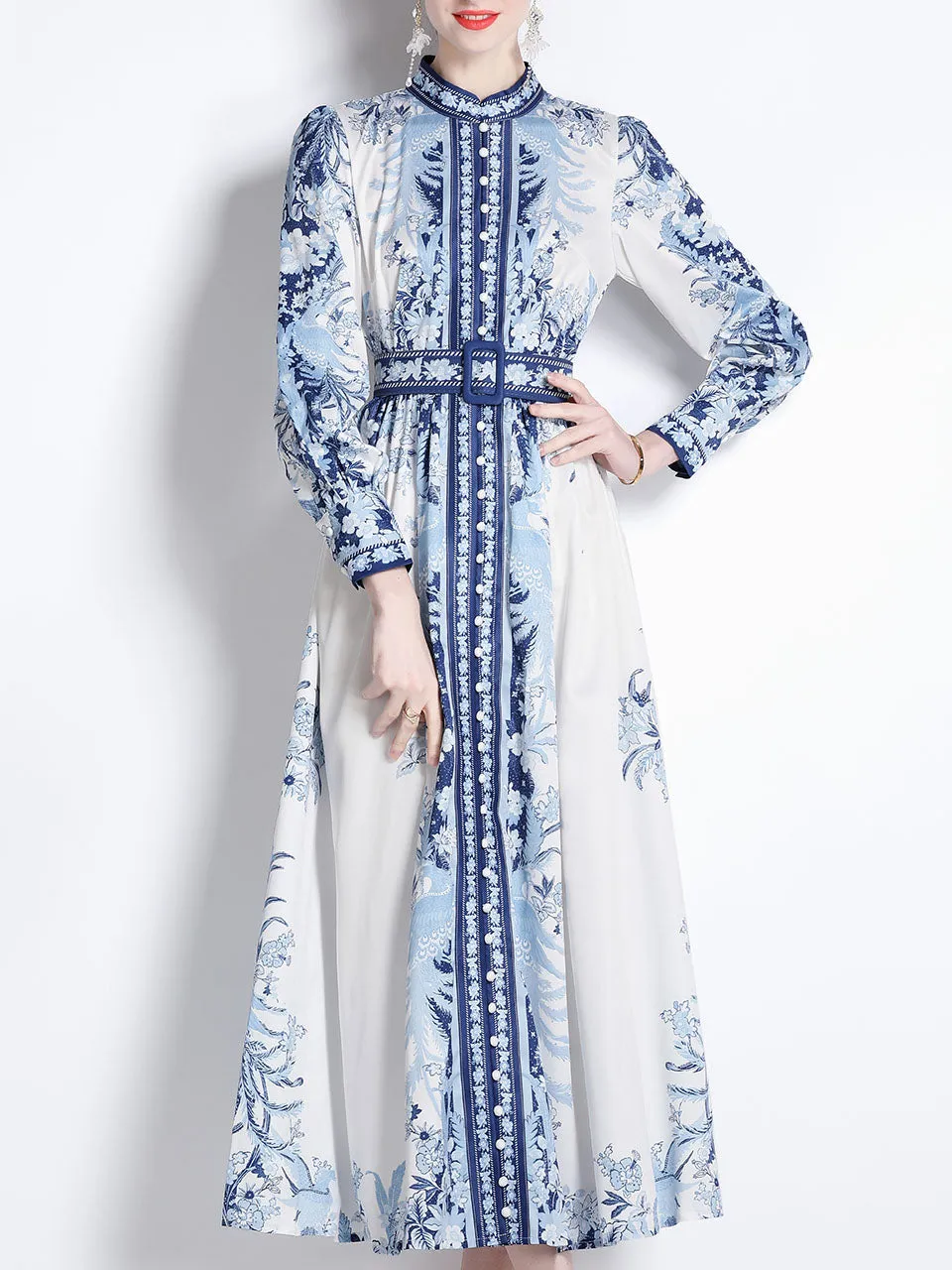 Gold Floral Print Stand Collar Long Sleeve Maxi Holiday Dress