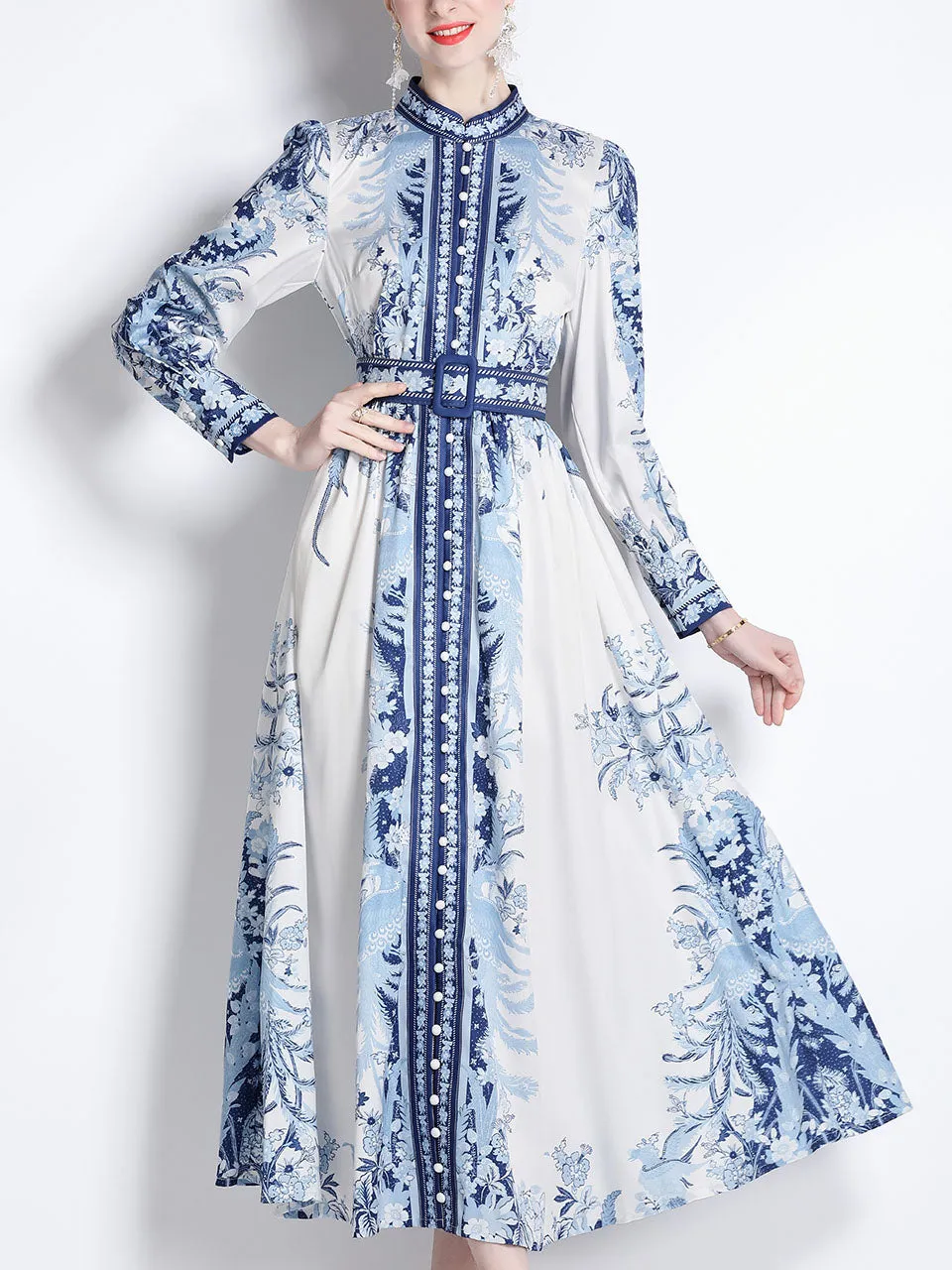 Gold Floral Print Stand Collar Long Sleeve Maxi Holiday Dress