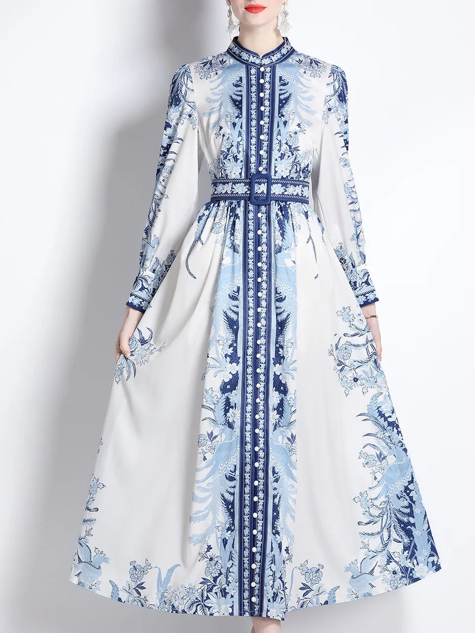 Gold Floral Print Stand Collar Long Sleeve Maxi Holiday Dress