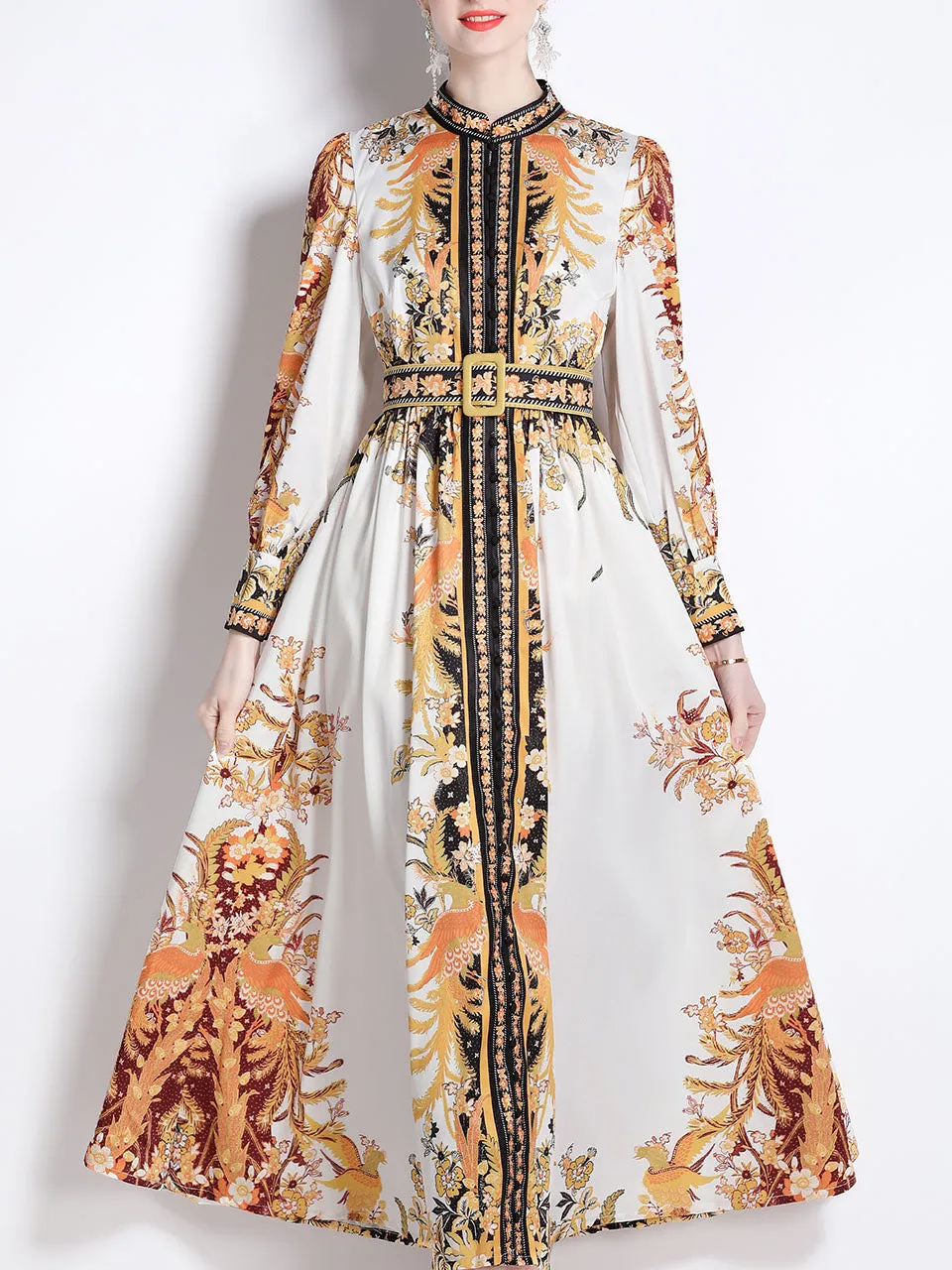Gold Floral Print Stand Collar Long Sleeve Maxi Holiday Dress