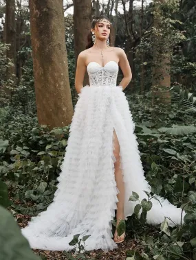 Gorgeous Strapless Lace Bodice Cascading Ruffle Hem Wedding Dress