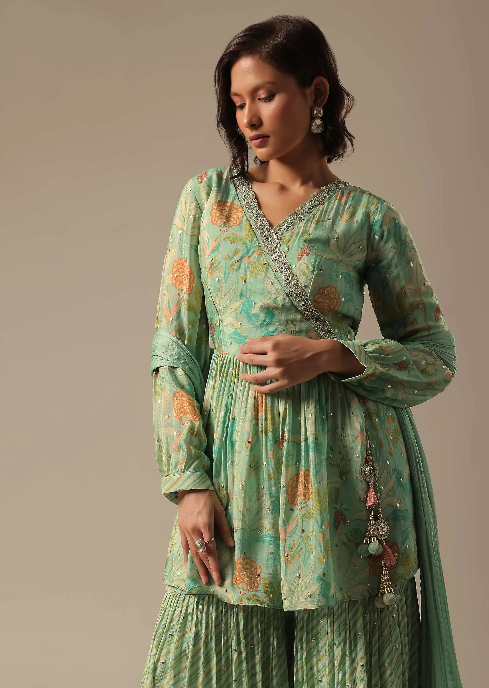 Green Chiffon Sharara Set With Printed Detail
