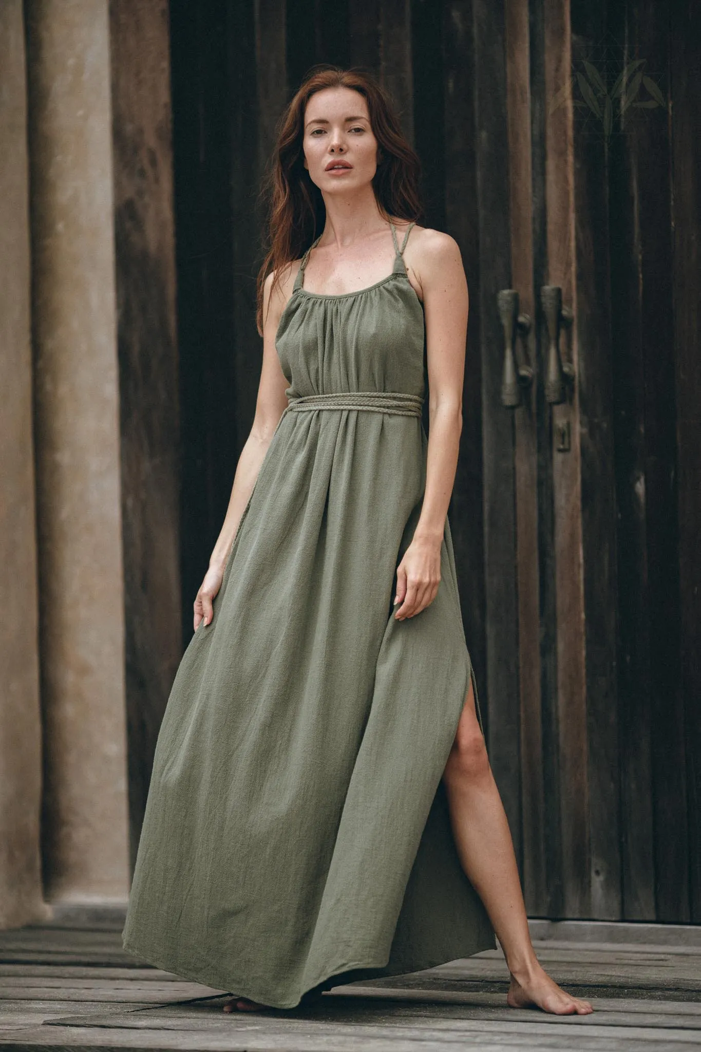 Green Organic Cotton Dress • Bohemian Bridesmaid Dress • Hand Loomed Open Back Dress