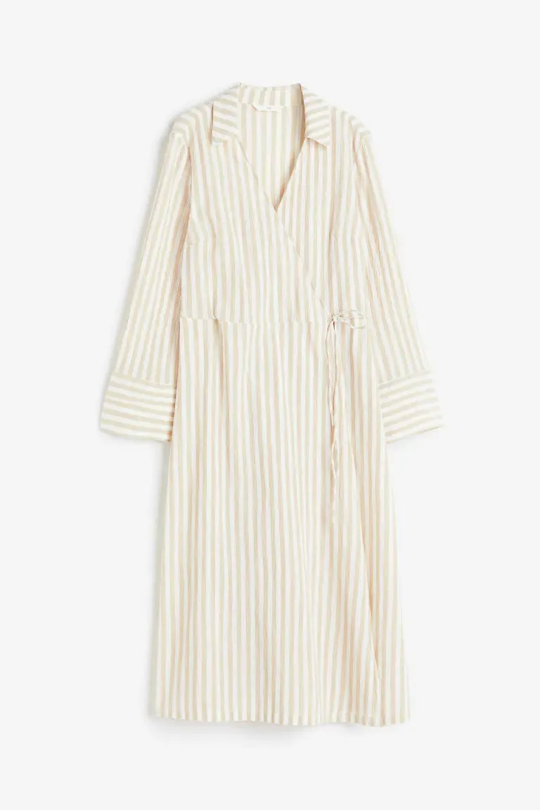 H&M wrap shirt dress, beige/stripe