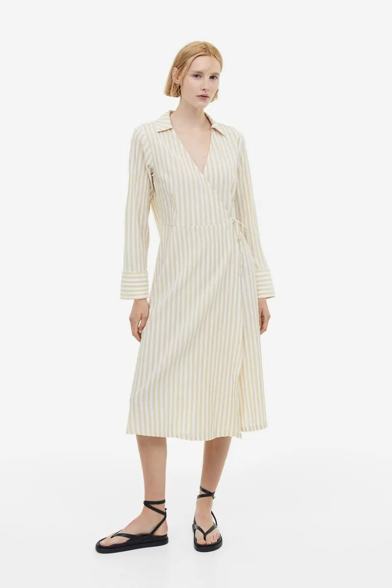 H&M wrap shirt dress, beige/stripe