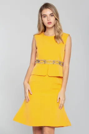 Honey Yellow Gold Encrusted Peplum Midi Dress