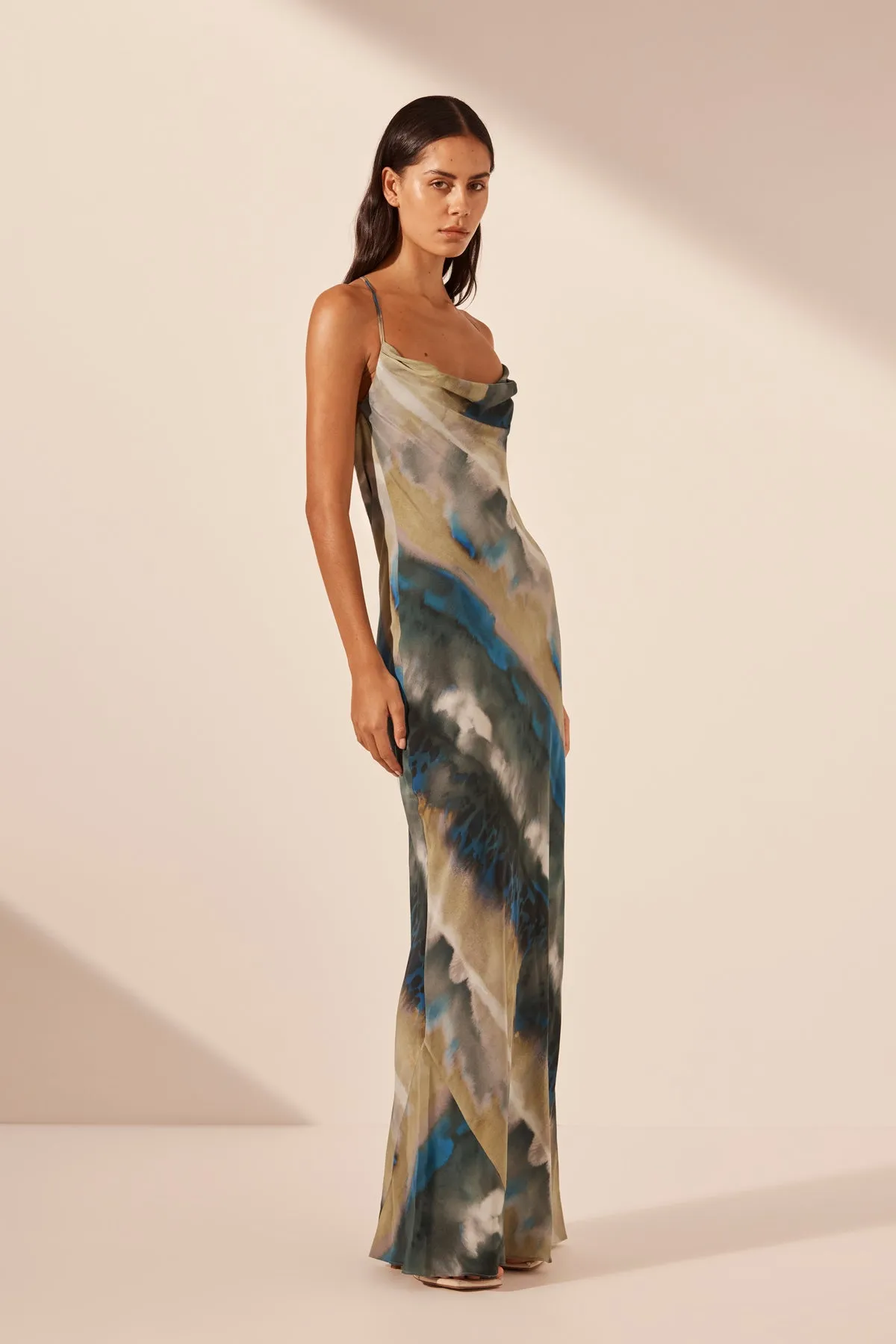 JARDIN SILK DOUBLE COWL BIAS MAXI DRESS