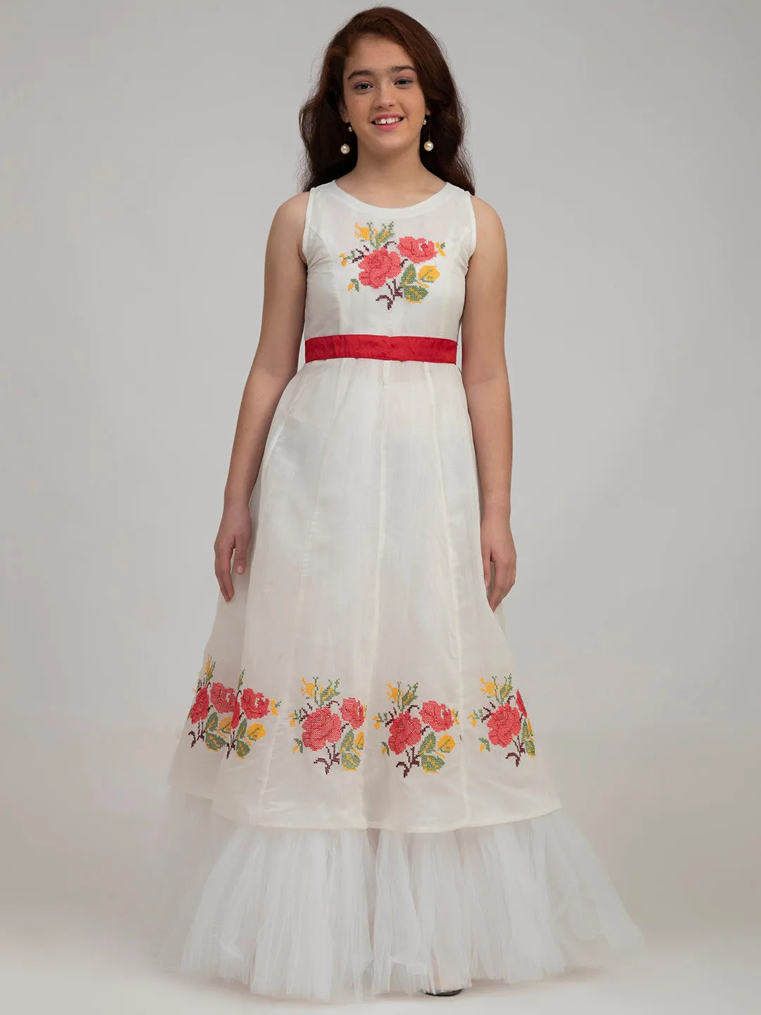 Jashvi Girls Off-White Floral Embroidered Fit & Flare Dress