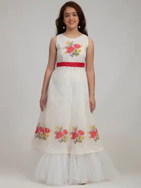 Jashvi Girls Off-White Floral Embroidered Fit & Flare Dress