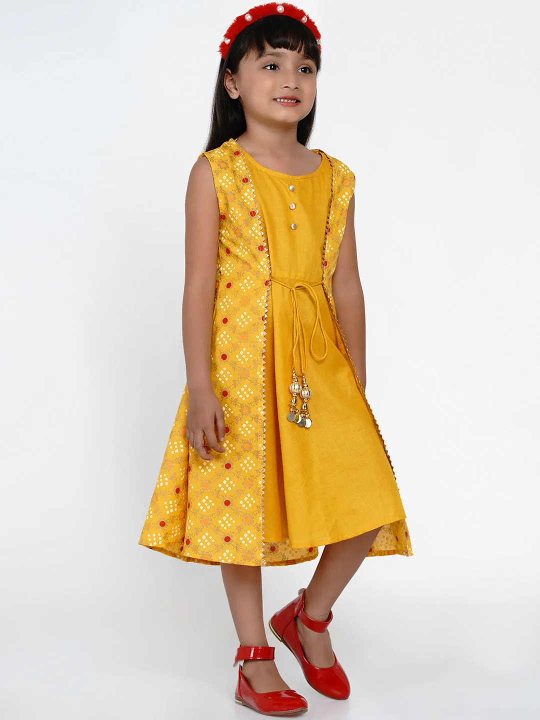 Jashvi Girls Yellow Printed A-Line Dress