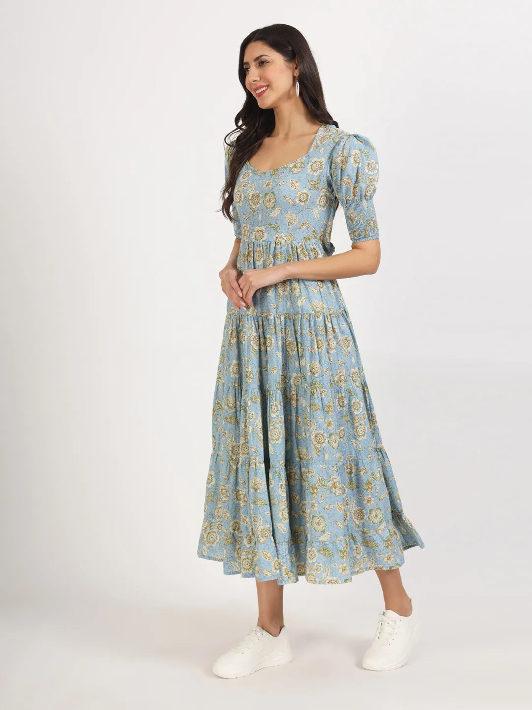 Jashvi Sky Blue Floral Printed Calf length Dress
