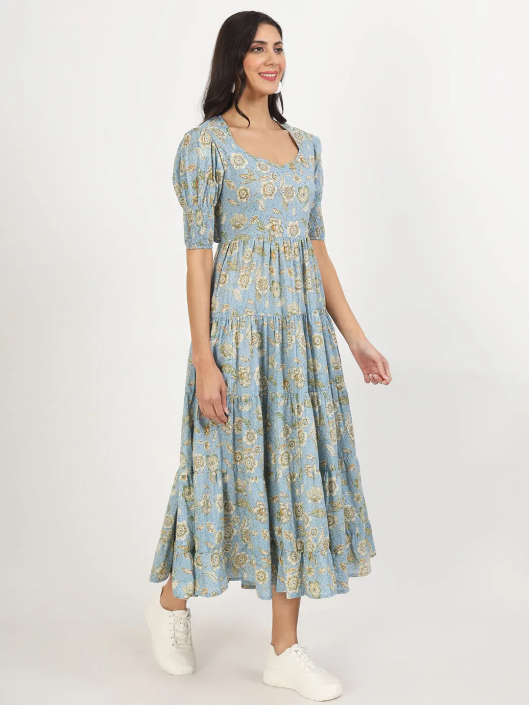 Jashvi Sky Blue Floral Printed Calf length Dress