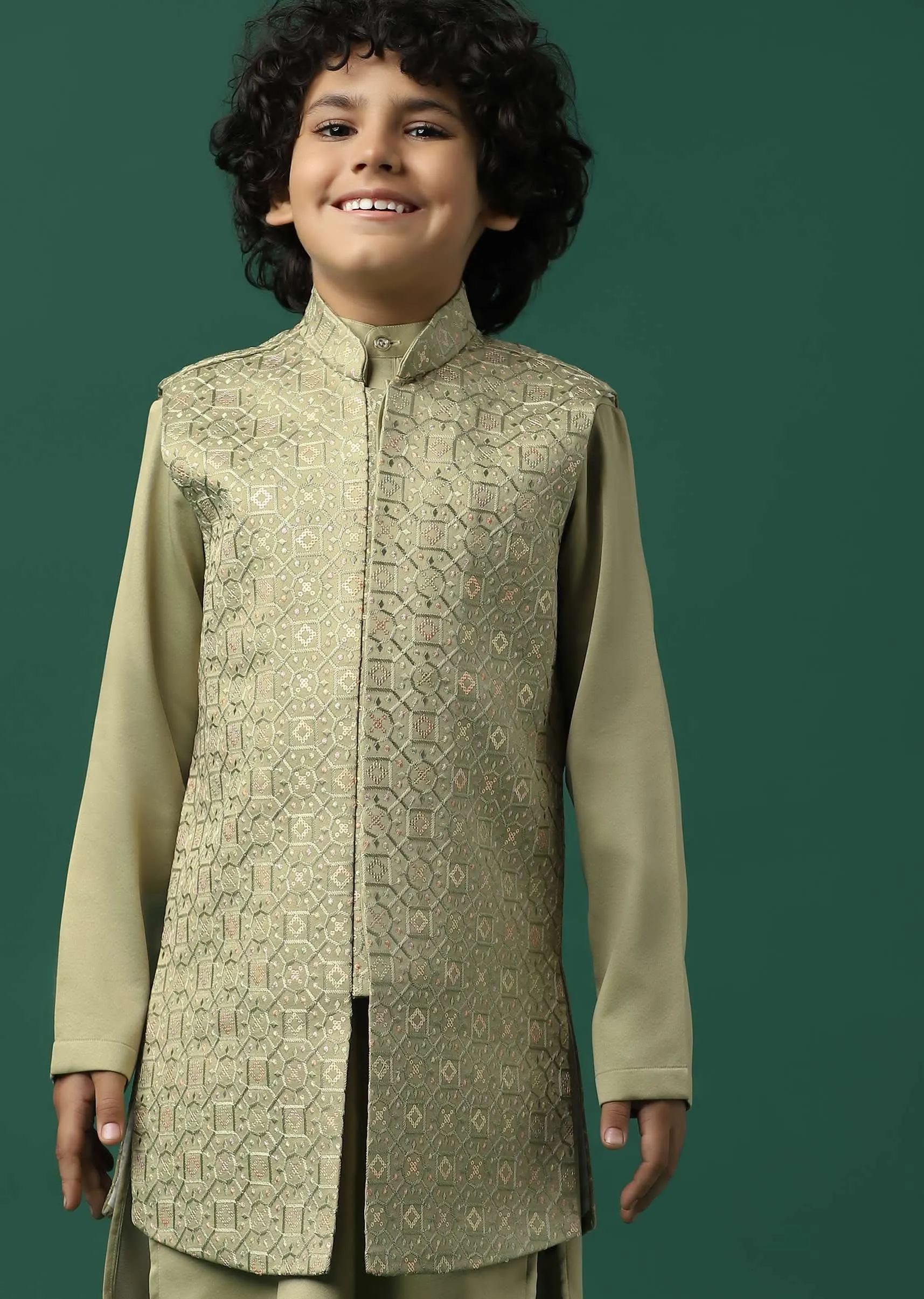 Kalki Beige Sherwani Set In Satin With Threadwork And Sequins Embroidery For Boys
