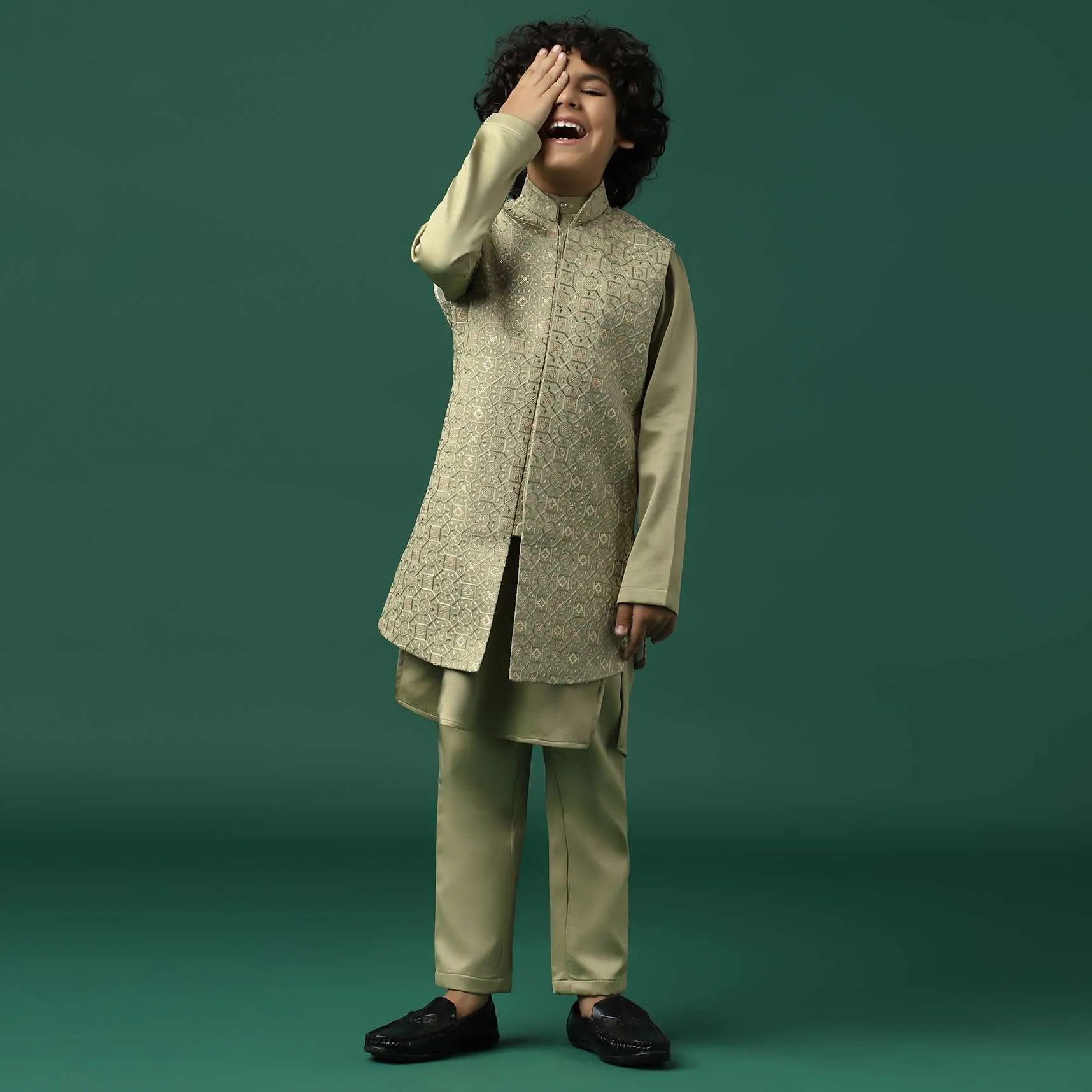 Kalki Beige Sherwani Set In Satin With Threadwork And Sequins Embroidery For Boys