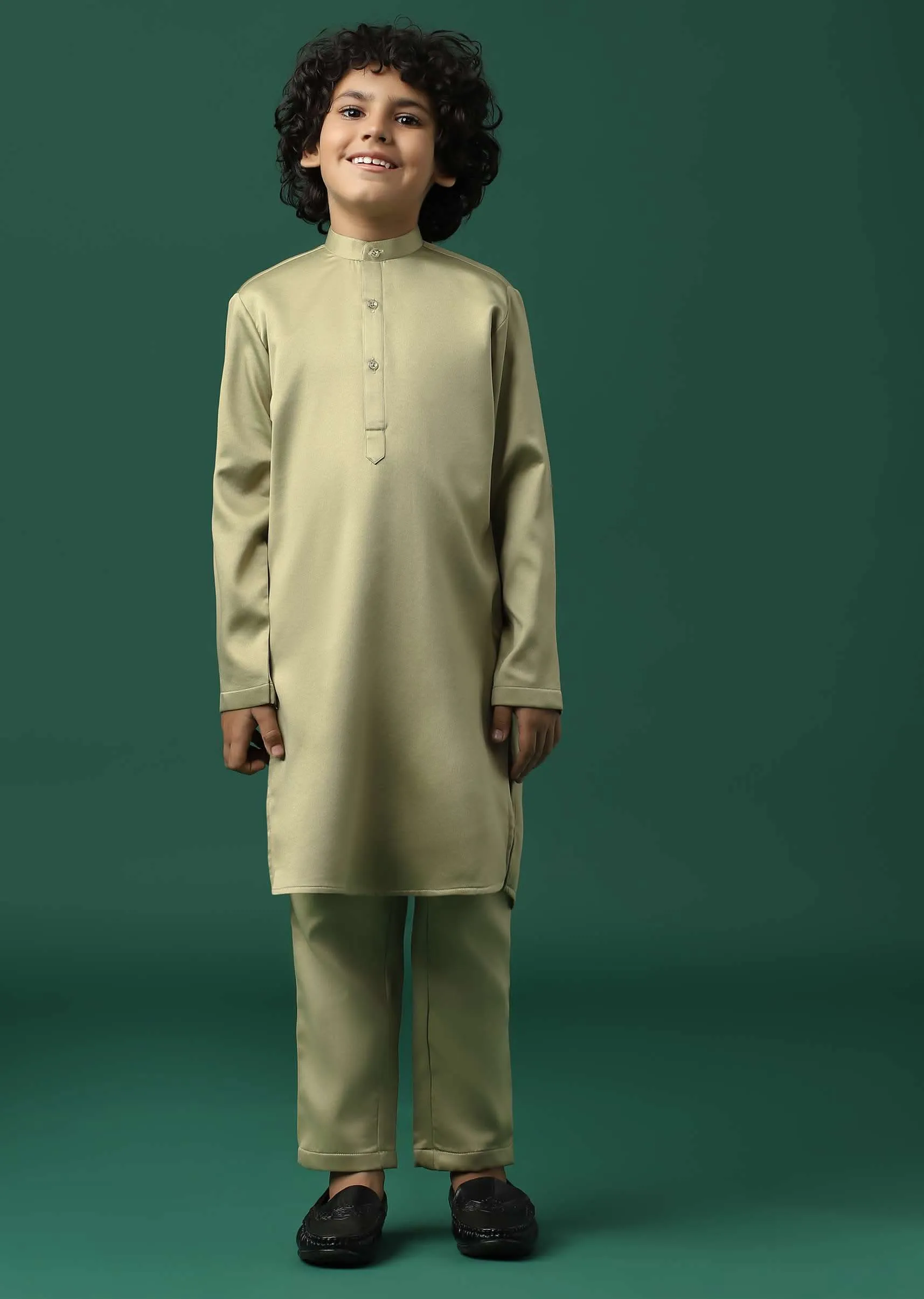 Kalki Beige Sherwani Set In Satin With Threadwork And Sequins Embroidery For Boys
