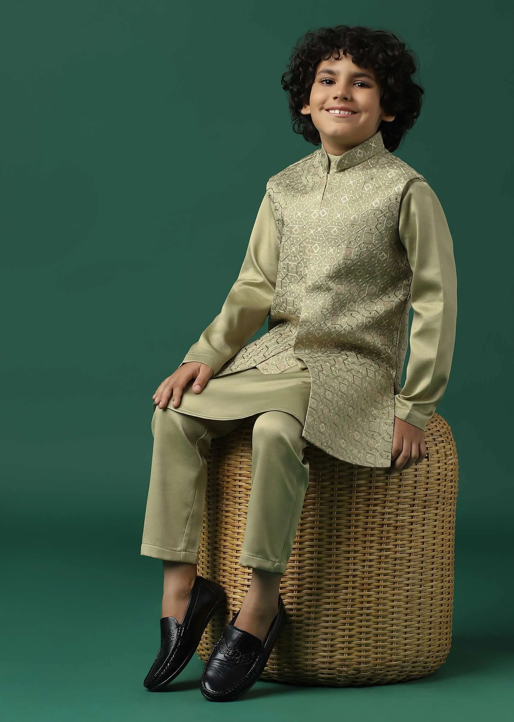 Kalki Beige Sherwani Set In Satin With Threadwork And Sequins Embroidery For Boys