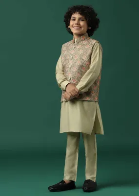 Kalki Beige Textured Bandi Jacket Set In Silk With Floral Print For Boys