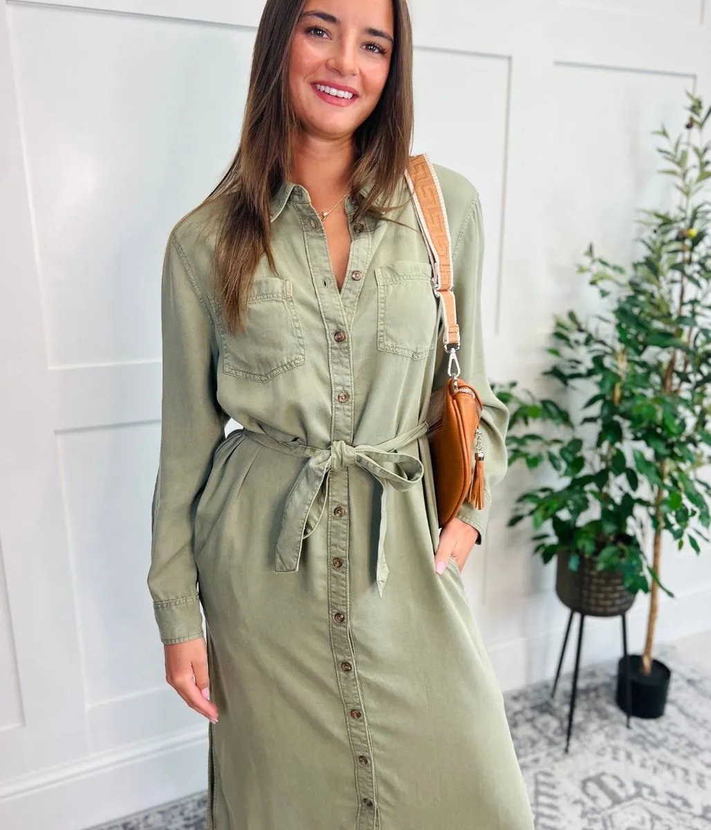 Khaki Tencel Belted Midi Shirt Dress