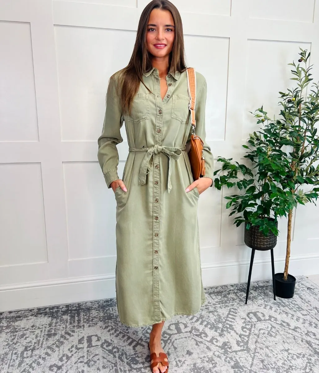 Khaki Tencel Belted Midi Shirt Dress