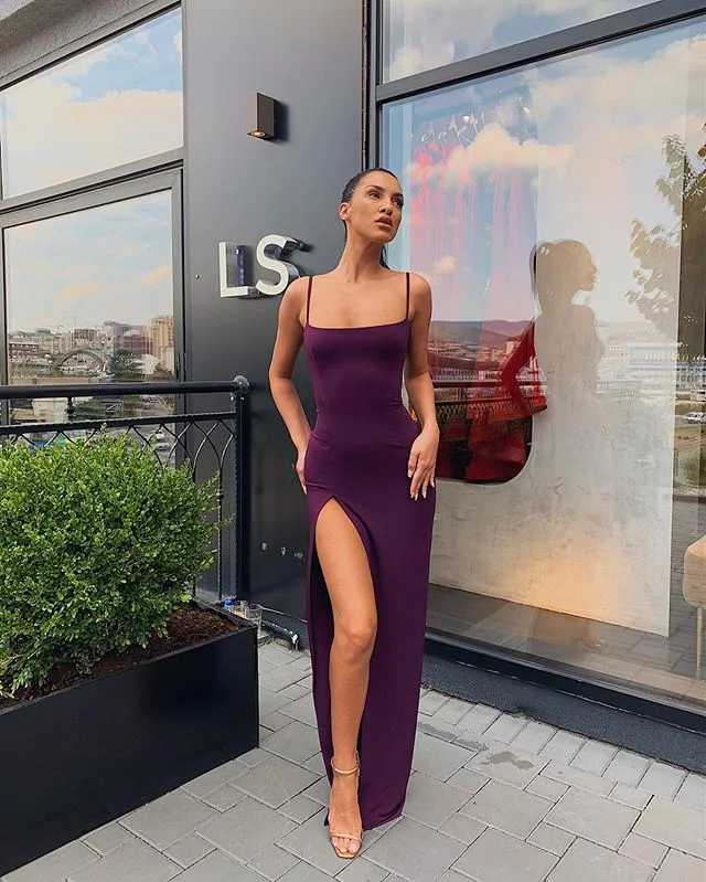 Long Prom Dresses Sexy Sheath Sleeveless Spaghetti Straps Square Neck Backless Split