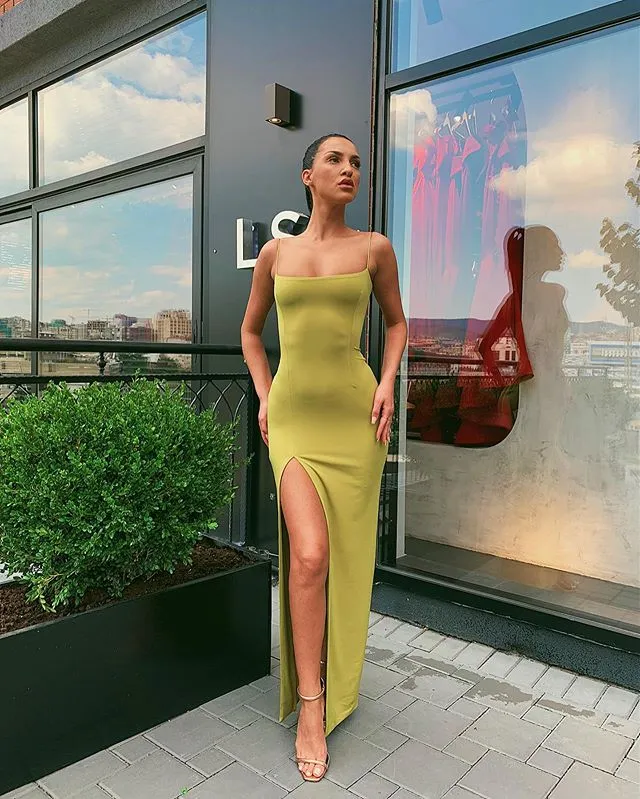 Long Prom Dresses Sexy Sheath Sleeveless Spaghetti Straps Square Neck Backless Split