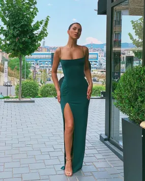 Long Prom Dresses Sexy Sheath Sleeveless Spaghetti Straps Square Neck Backless Split