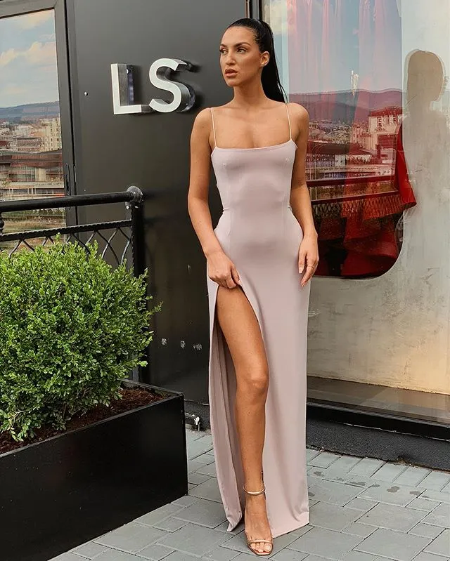 Long Prom Dresses Sexy Sheath Sleeveless Spaghetti Straps Square Neck Backless Split