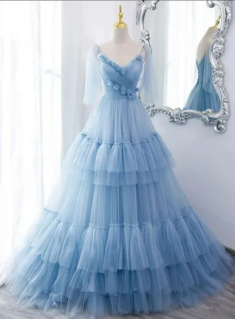 Lovely Blue Tulle with Straps Layers Long Formal Dresses Evening Gown Party Dress Prom Dress Wholesale