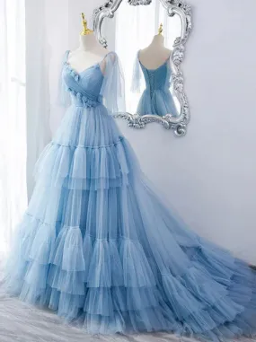 Lovely Blue Tulle with Straps Layers Long Formal Dresses Evening Gown Party Dress Prom Dress Wholesale