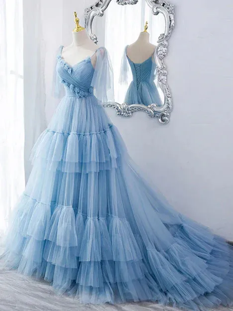 Lovely Blue Tulle with Straps Layers Long Formal Dresses Evening Gown Party Dress Prom Dress Wholesale