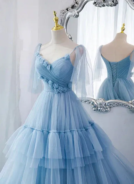 Lovely Blue Tulle with Straps Layers Long Formal Dresses Evening Gown Party Dress Prom Dress Wholesale