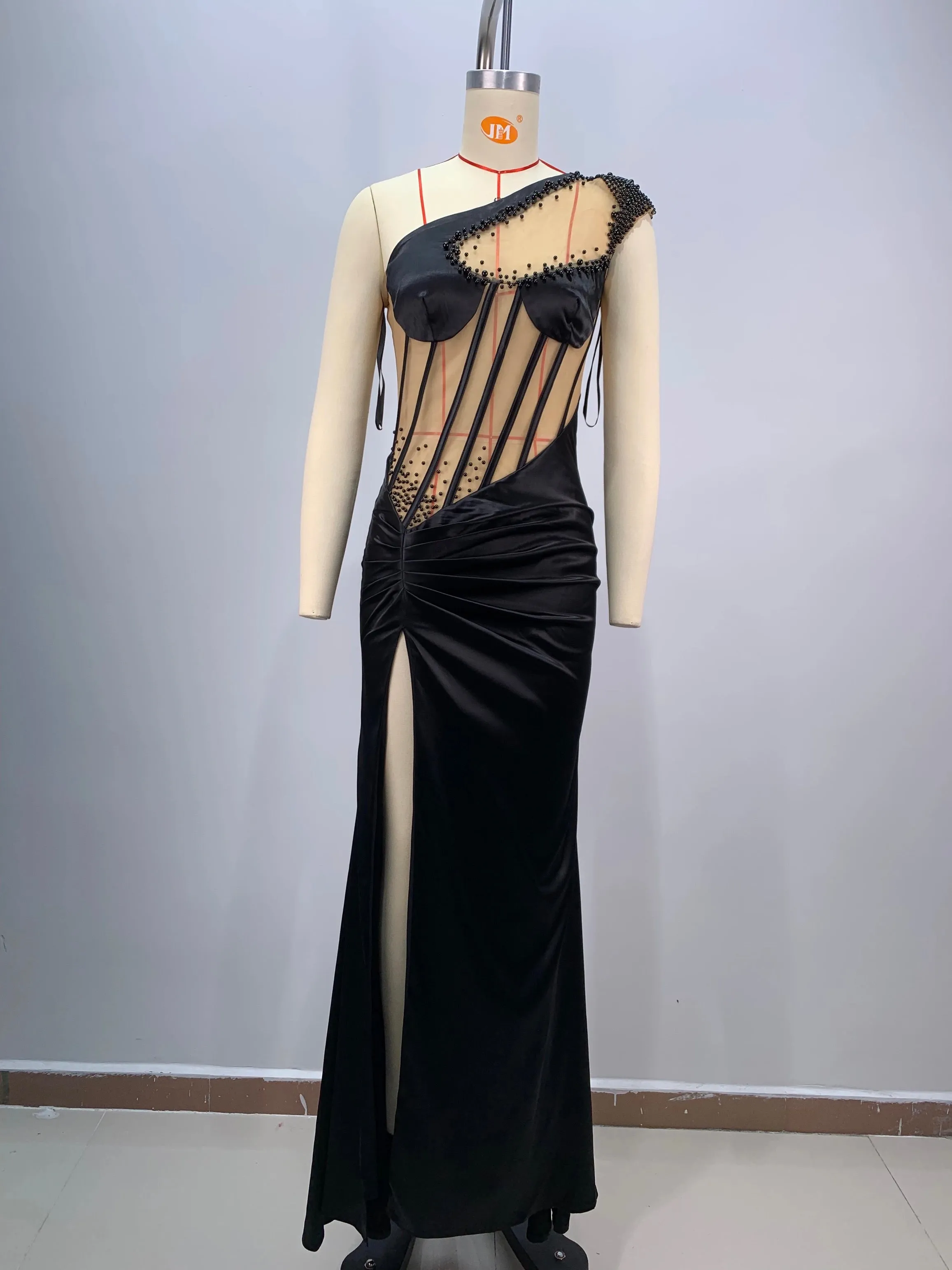 Maple One Shoulder Mesh Insert Maxi Dress