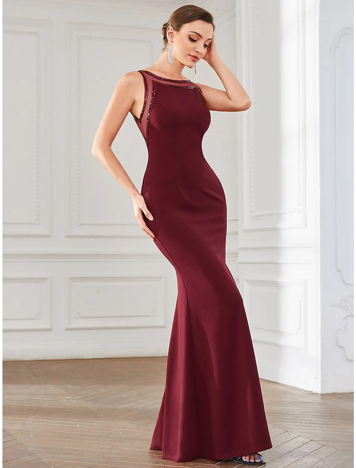 Mermaid / Trumpet Party Dresses Elegant Dress Party Wear Floor Length Sleeveless Jewel Neck Polyester