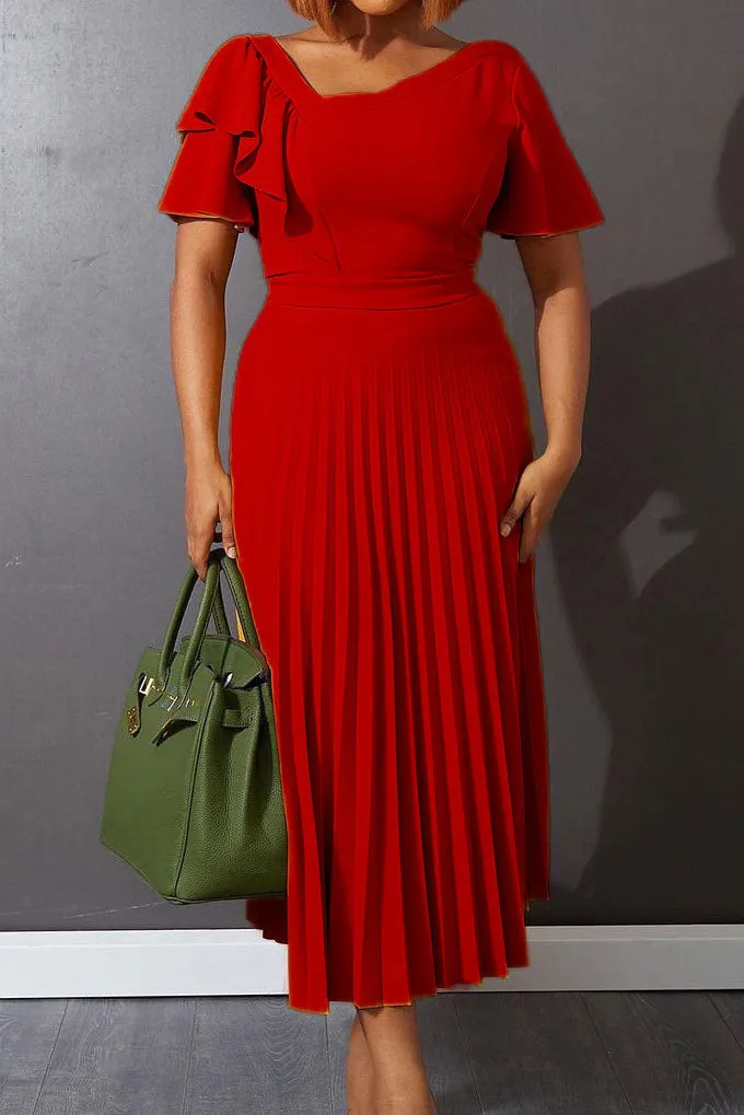 Midi Red A-Line Pleated Dress