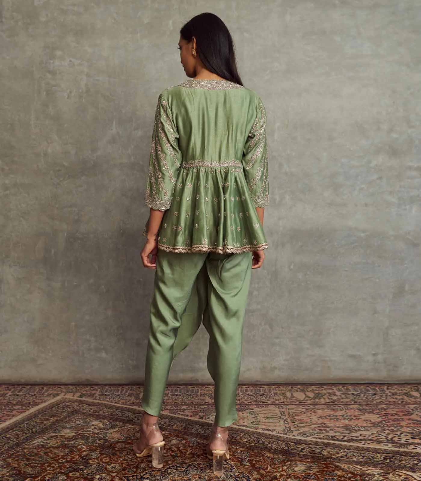 Mint Green Embroidered Peplum Top Set
