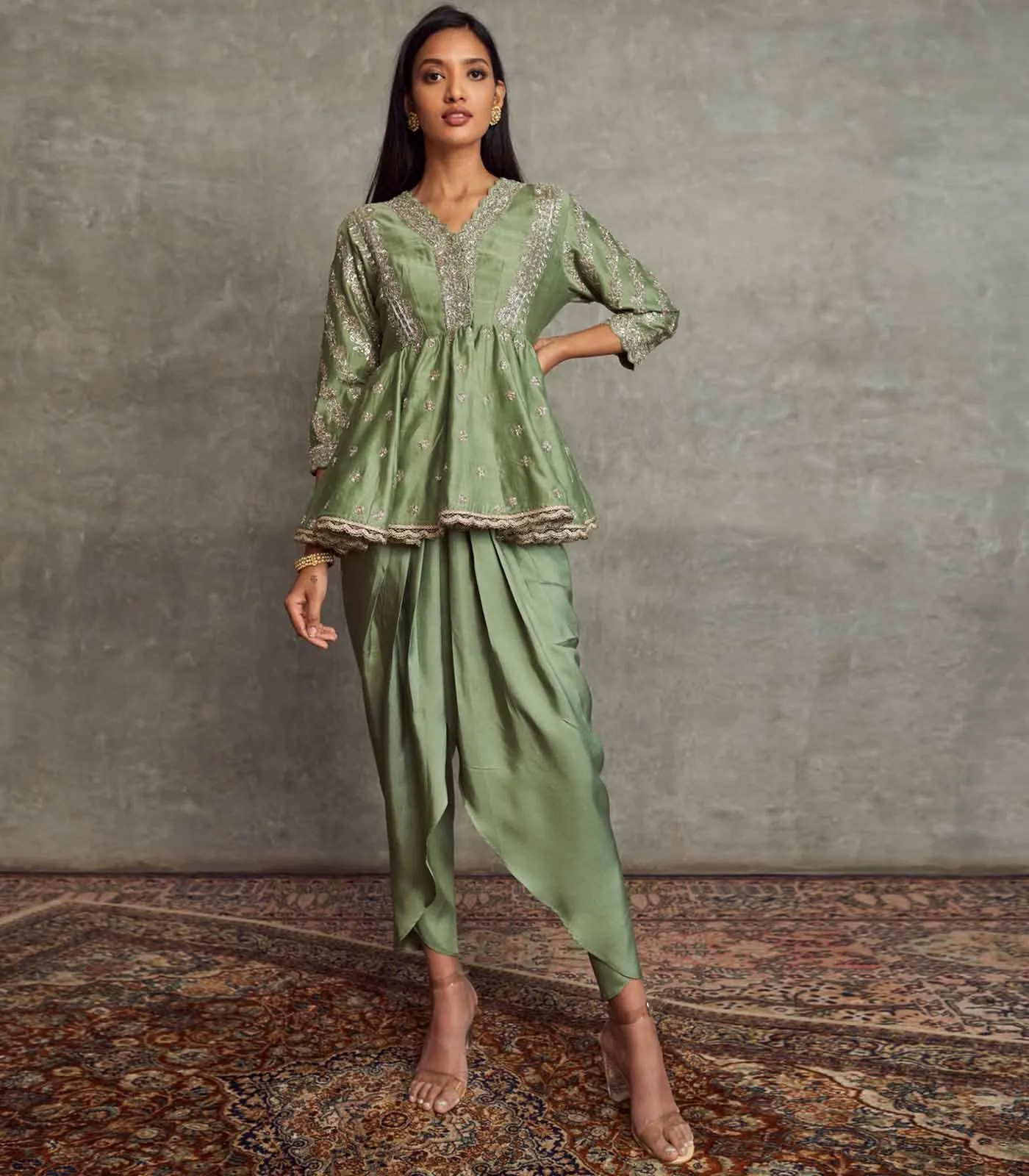 Mint Green Embroidered Peplum Top Set
