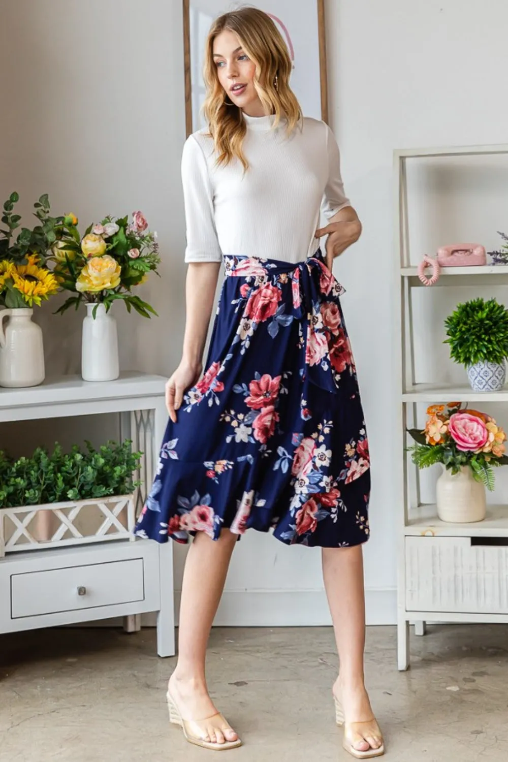 Navy Floral Wrap Ruffled Skirt (Online Exclusive)