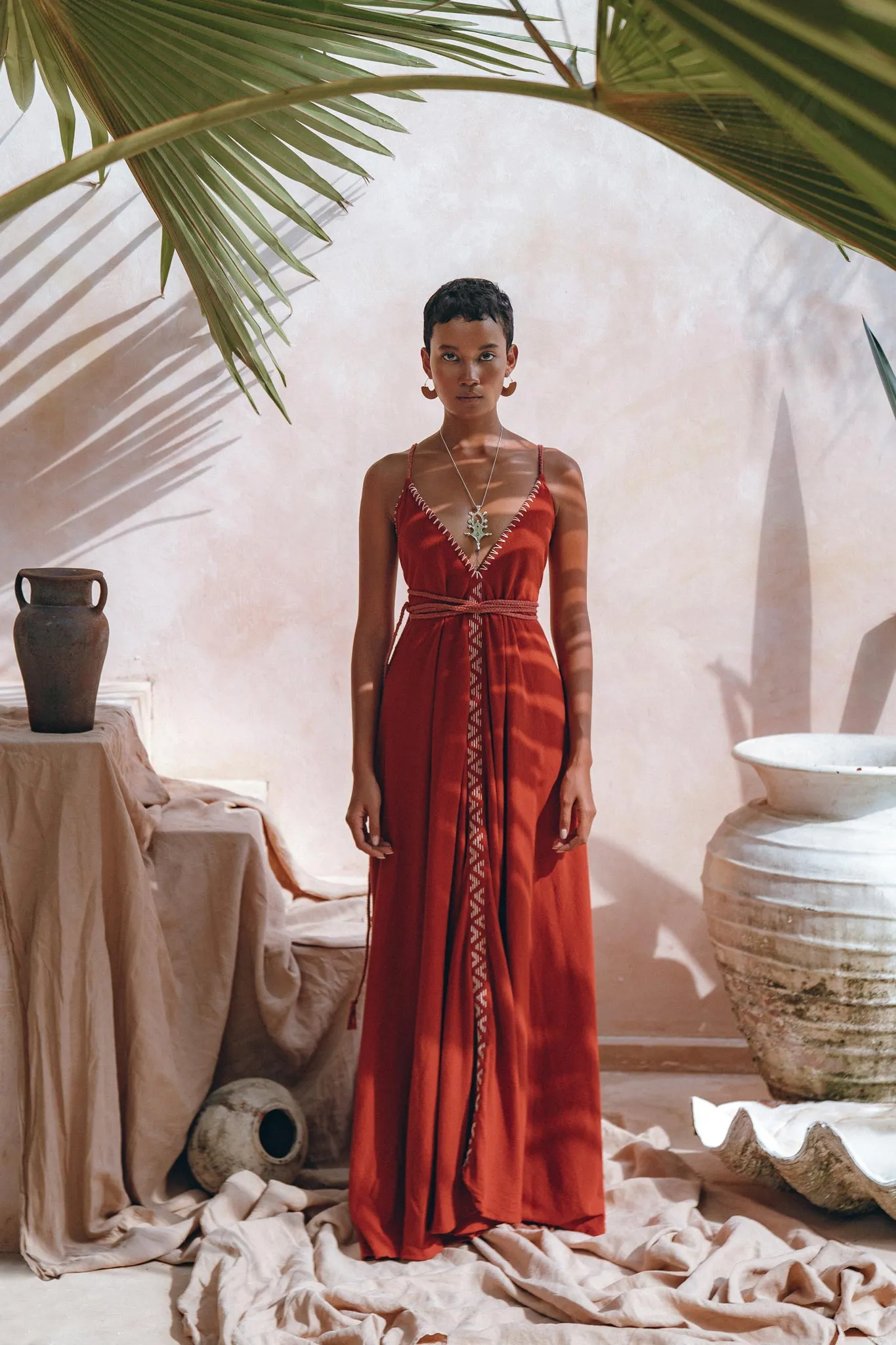Organic Red Cotton Maxi Dress • Sleeveless Hand Embroidered Dress