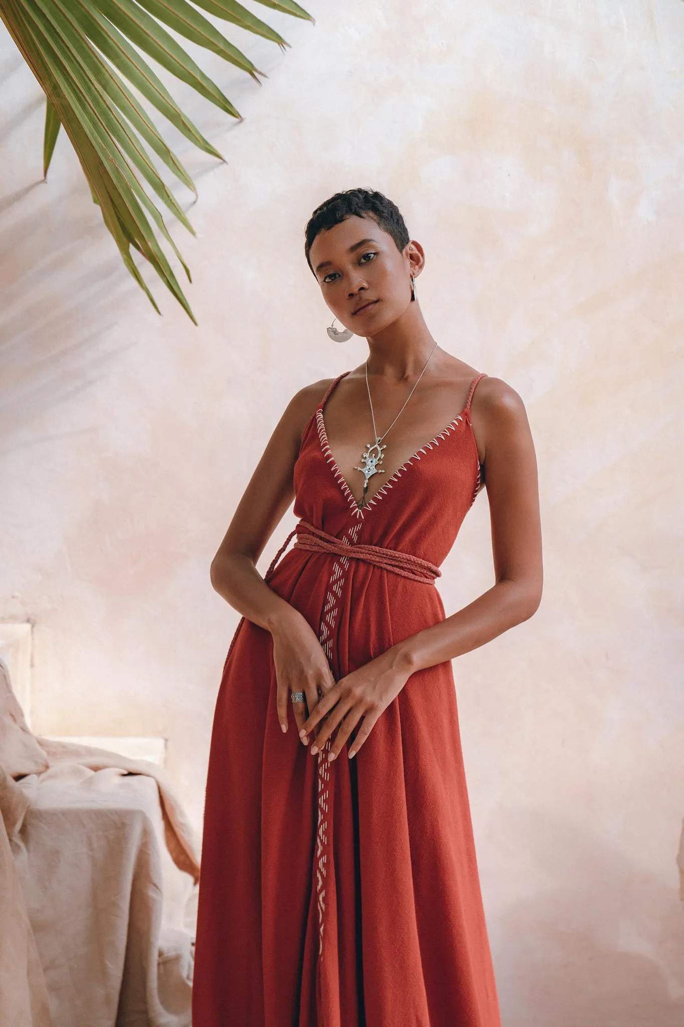 Organic Red Cotton Maxi Dress • Sleeveless Hand Embroidered Dress