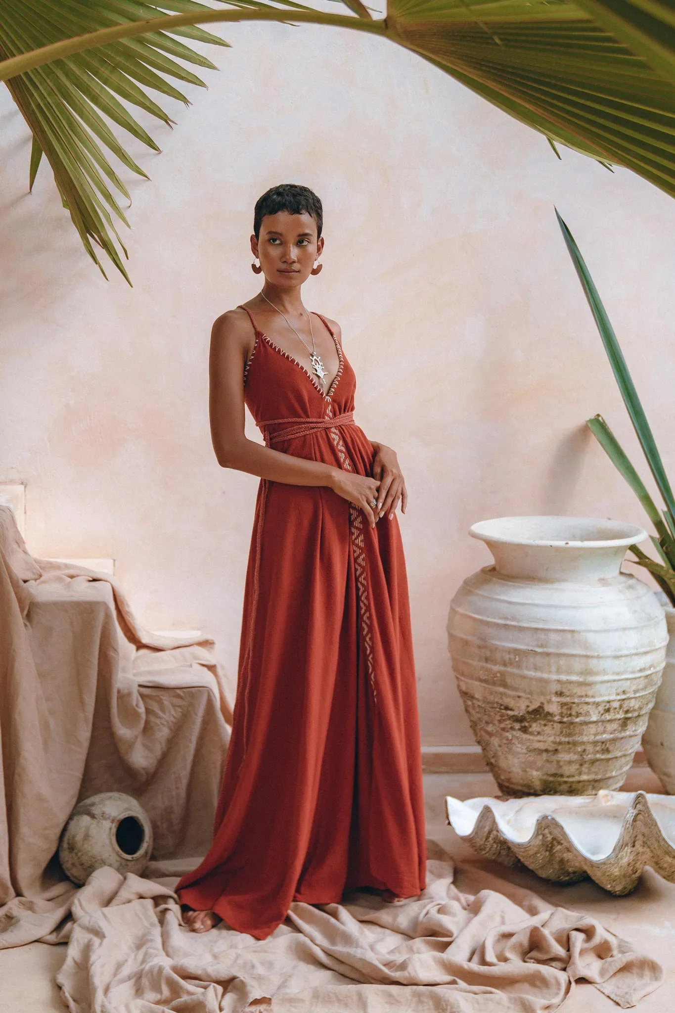 Organic Red Cotton Maxi Dress • Sleeveless Hand Embroidered Dress