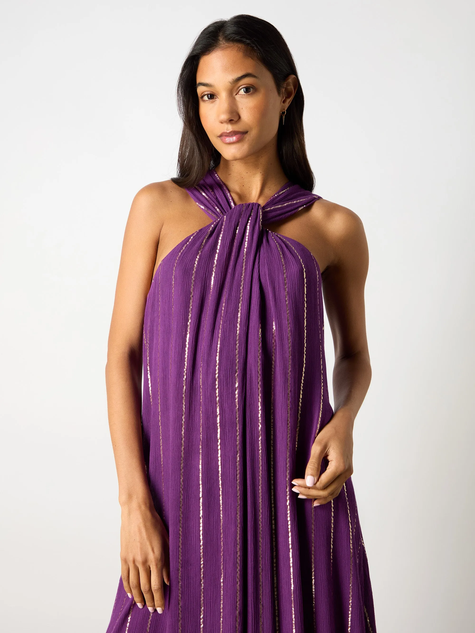 Purple Lurex Twist Neck Maxi Dress