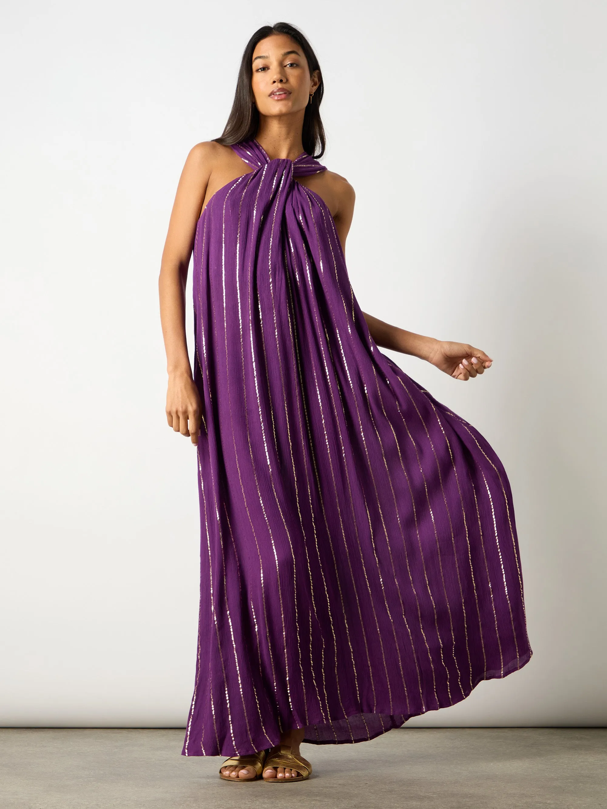 Purple Lurex Twist Neck Maxi Dress