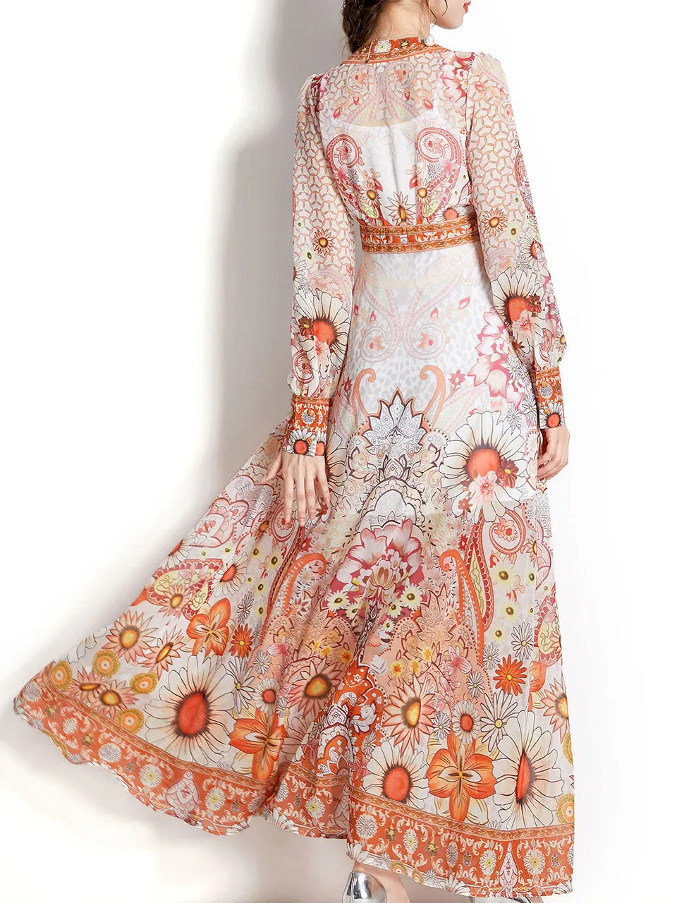 Purple V Neck Ruffles Lantern Sleeve Bohemian Dress Maxi Dress
