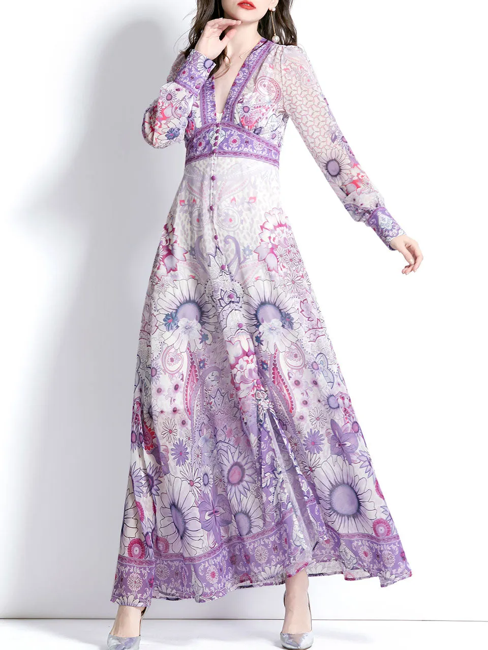 Purple V Neck Ruffles Lantern Sleeve Bohemian Dress Maxi Dress