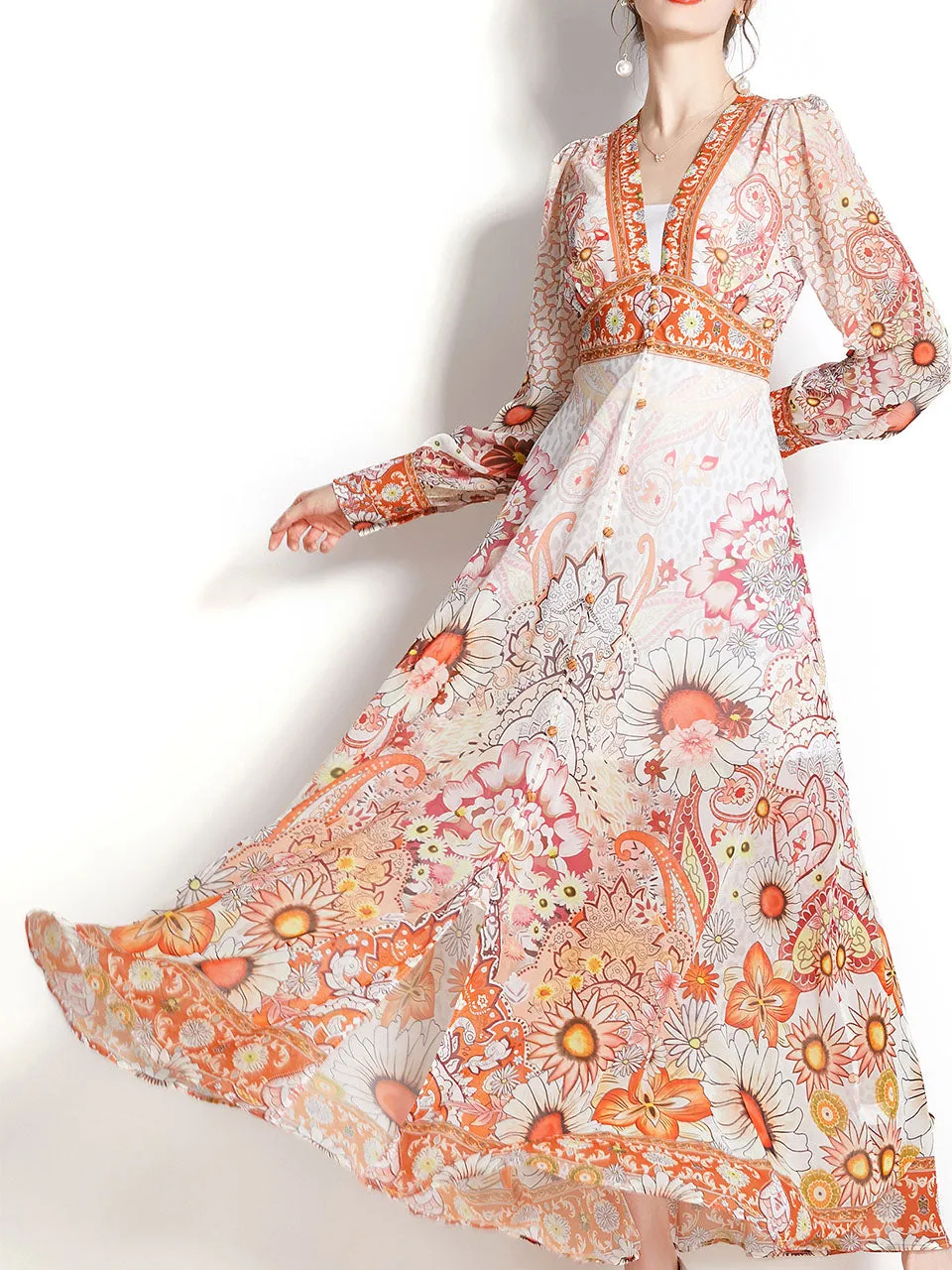 Purple V Neck Ruffles Lantern Sleeve Bohemian Dress Maxi Dress