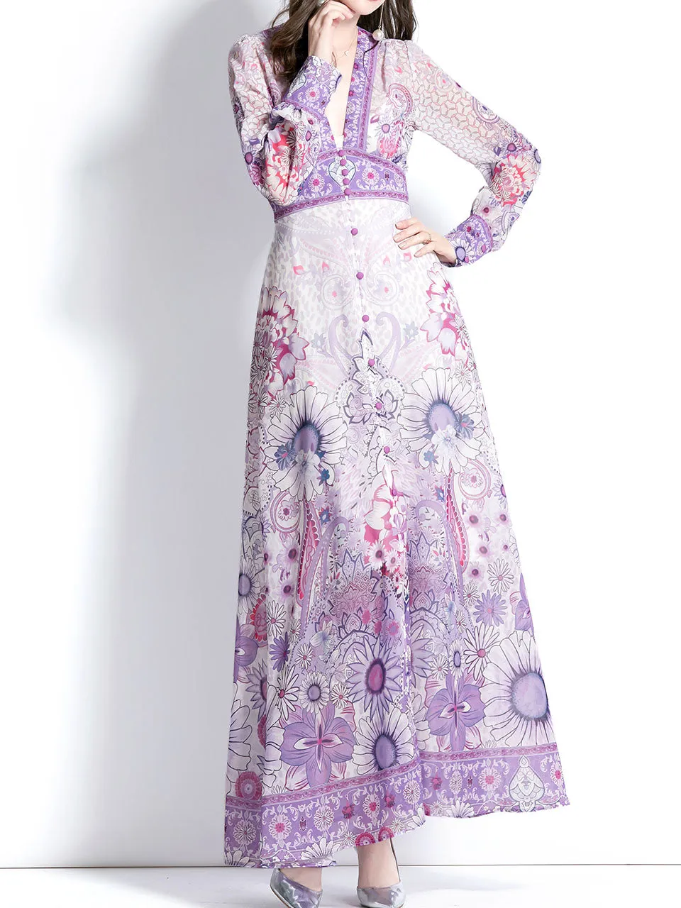 Purple V Neck Ruffles Lantern Sleeve Bohemian Dress Maxi Dress