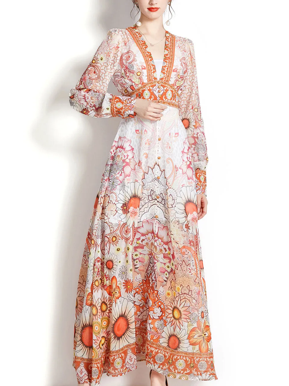 Purple V Neck Ruffles Lantern Sleeve Bohemian Dress Maxi Dress