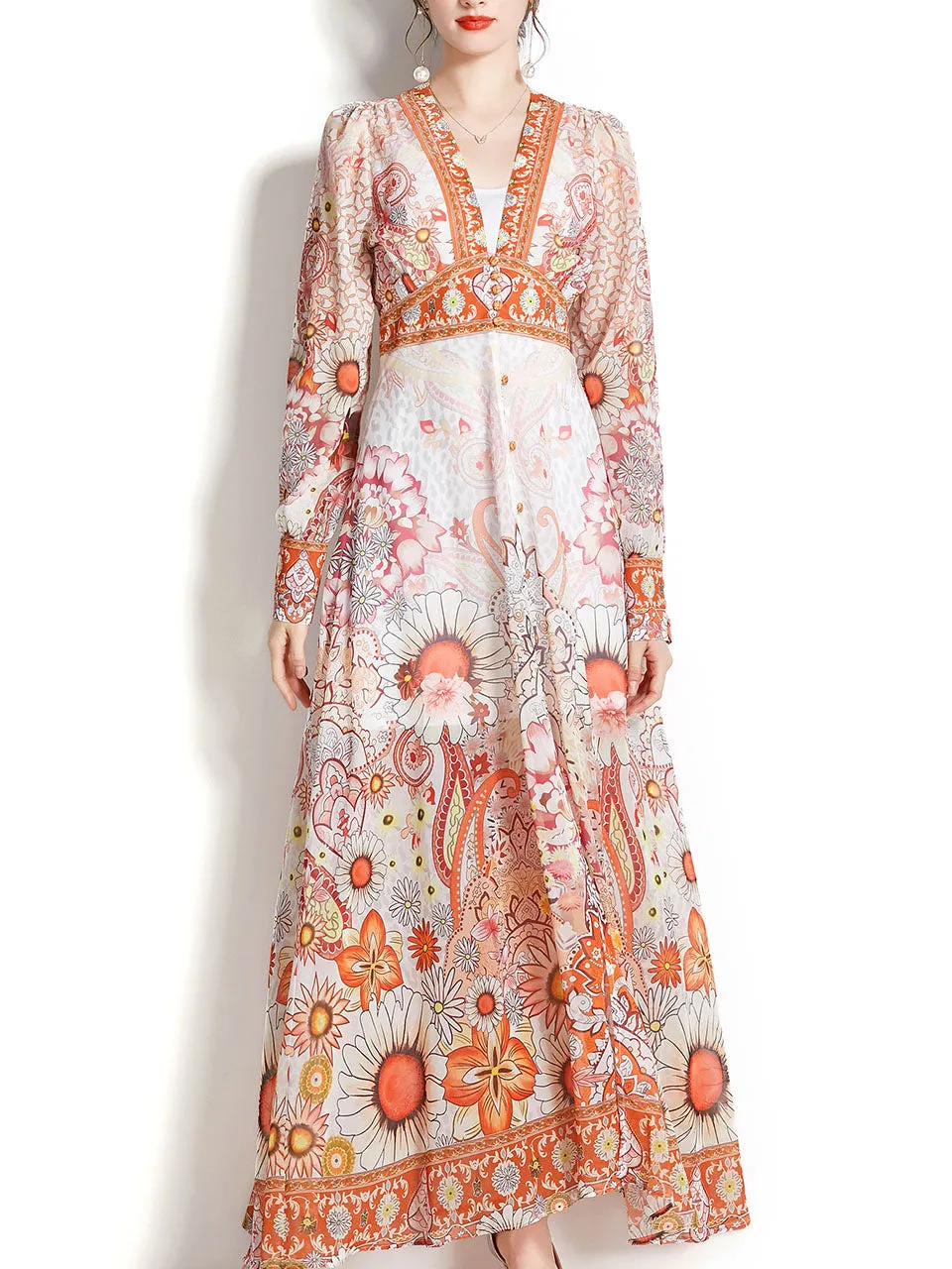 Purple V Neck Ruffles Lantern Sleeve Bohemian Dress Maxi Dress
