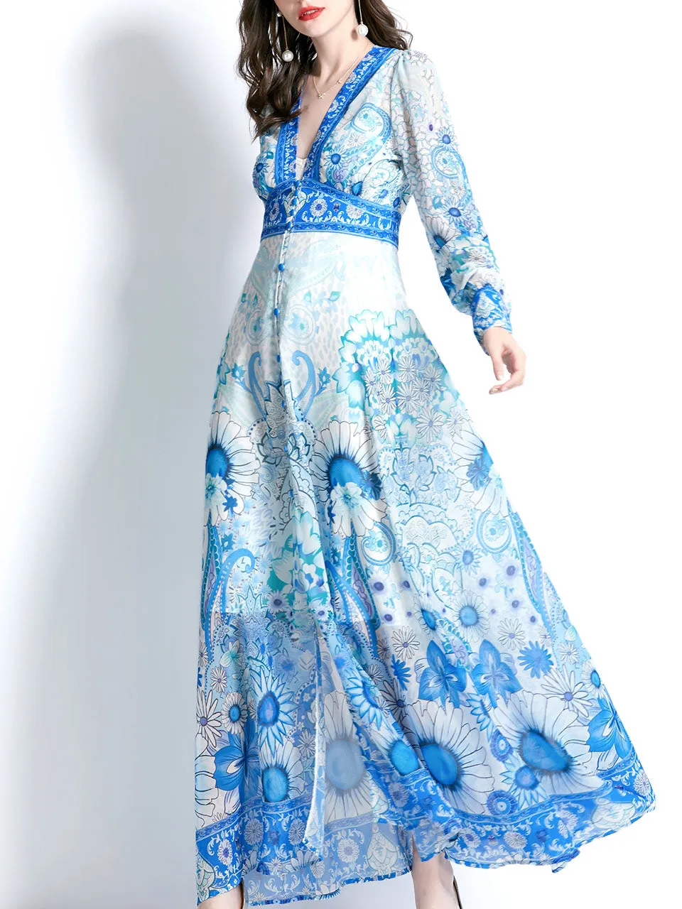 Purple V Neck Ruffles Lantern Sleeve Bohemian Dress Maxi Dress