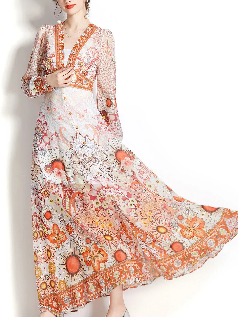 Purple V Neck Ruffles Lantern Sleeve Bohemian Dress Maxi Dress